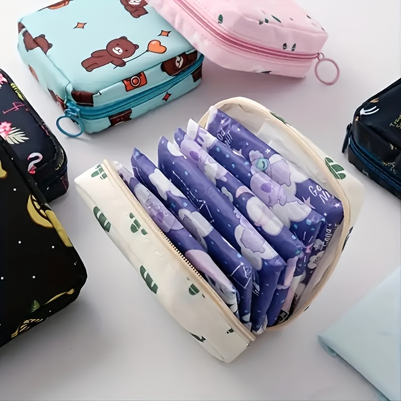 

Cute Cartoon Print Sanitary Napkin Bag, Portable Lightweight Storage Bag With Zipper