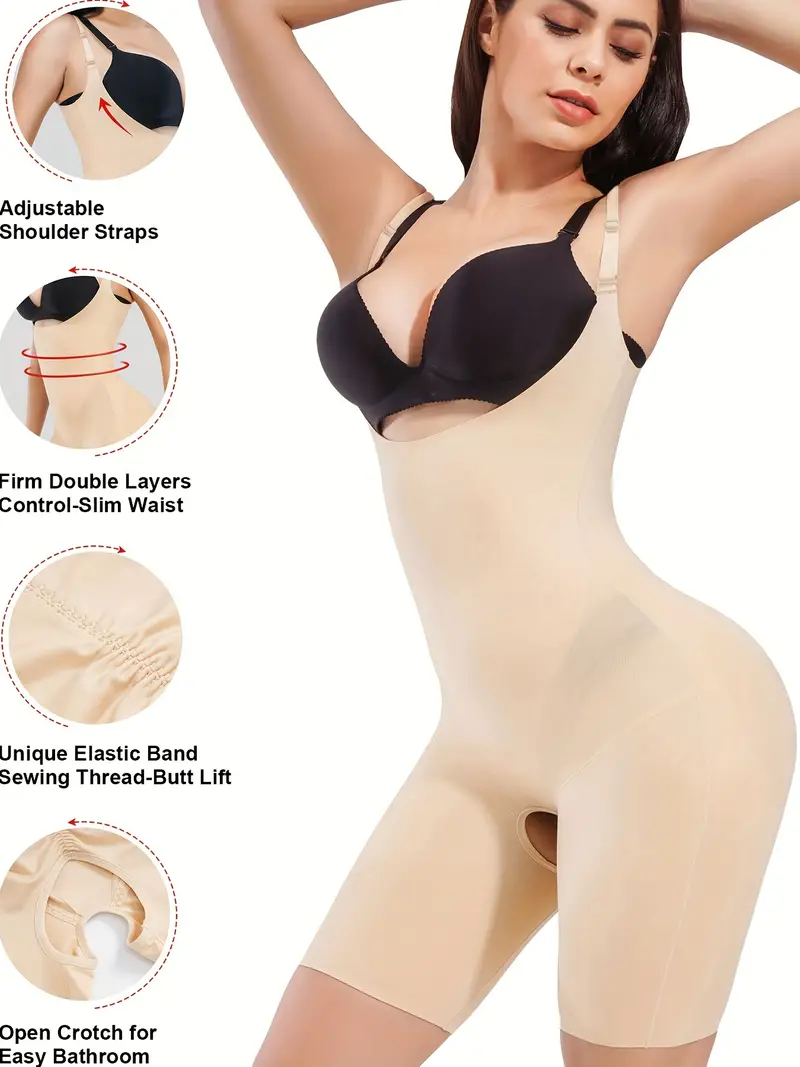 Solid Slip Shaping Bodysuit, Tummy Control Butt Lifting Open Crotch Body  Shaper, Women's Underwear & Shapewear