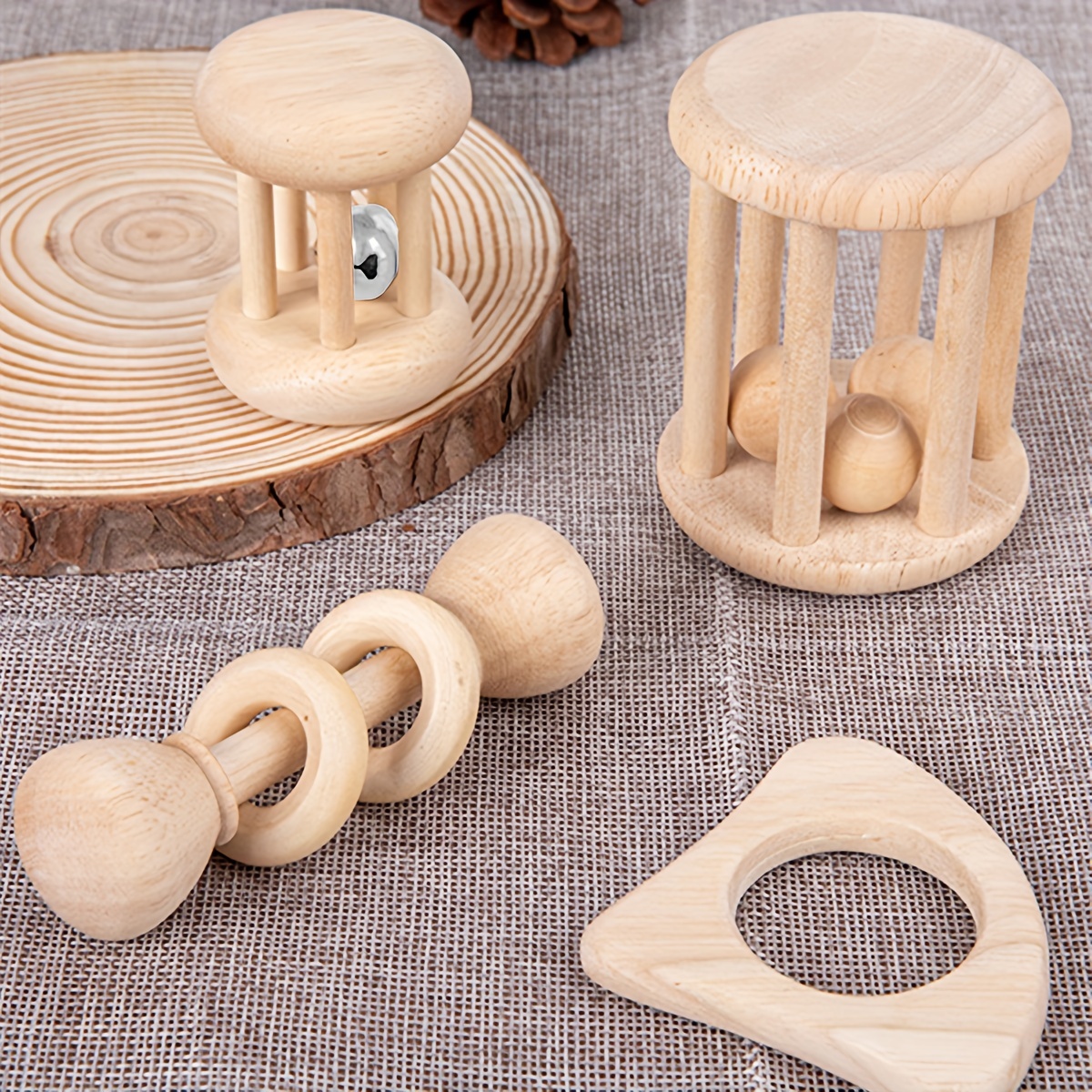 WODI 4 Piece Wooden Baby Rattle Toy Montessori Teething Ring Log Geometric  Grab Toy Set Natural Wood Rattle Set for Infants and Toddlers