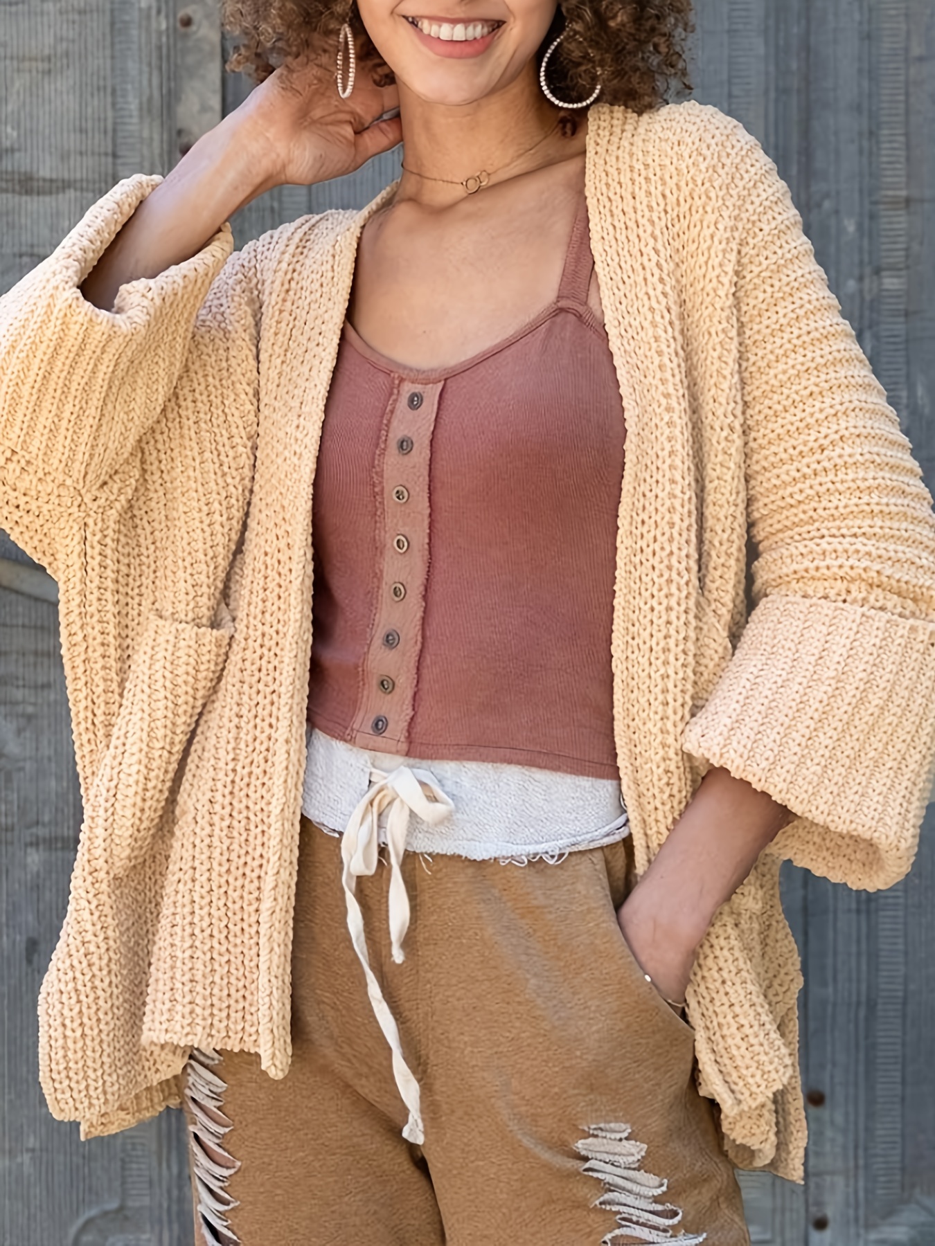 Solid Long Sleeve Open Front Cardigan With Pockets