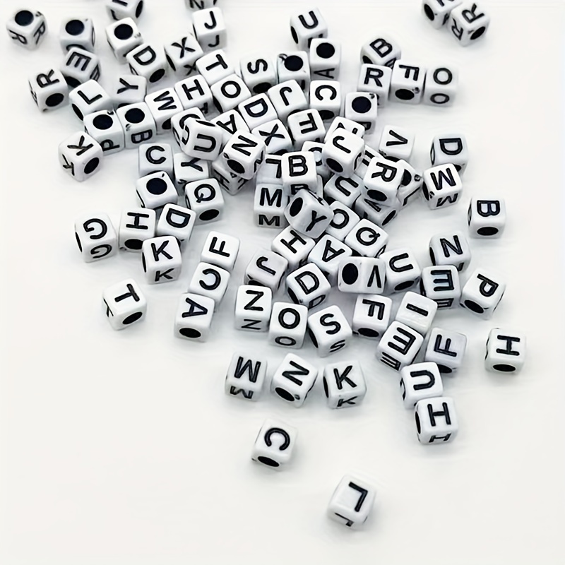 Plastic White Mixed Alphabet Beads, 6mm Cube, (Horizontal), 800 beads