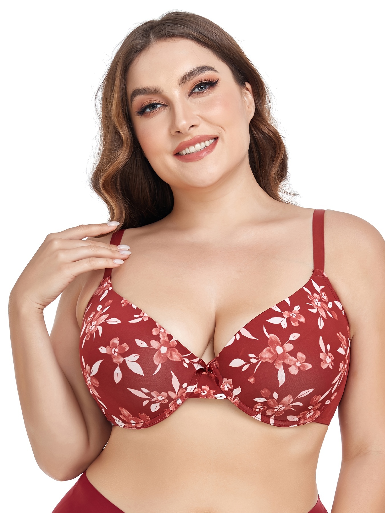 Plus Size Floral Printed Bow Knot Front Bra Women's Plus - Temu