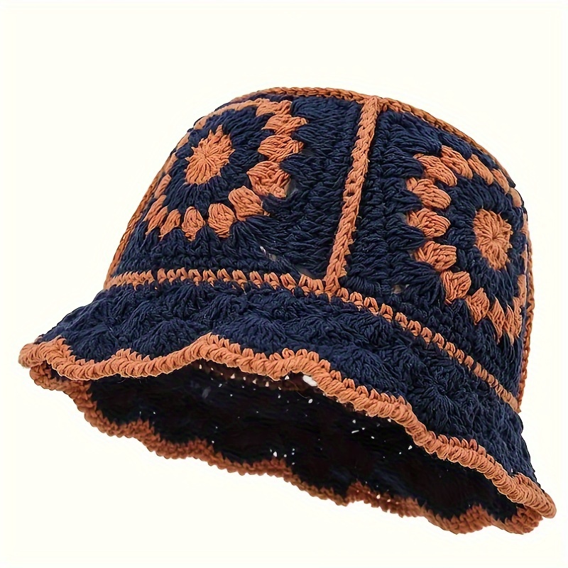 Flower Pattern Crochet Hat Hollow Breathable Warm Bucket Hat - Temu Canada