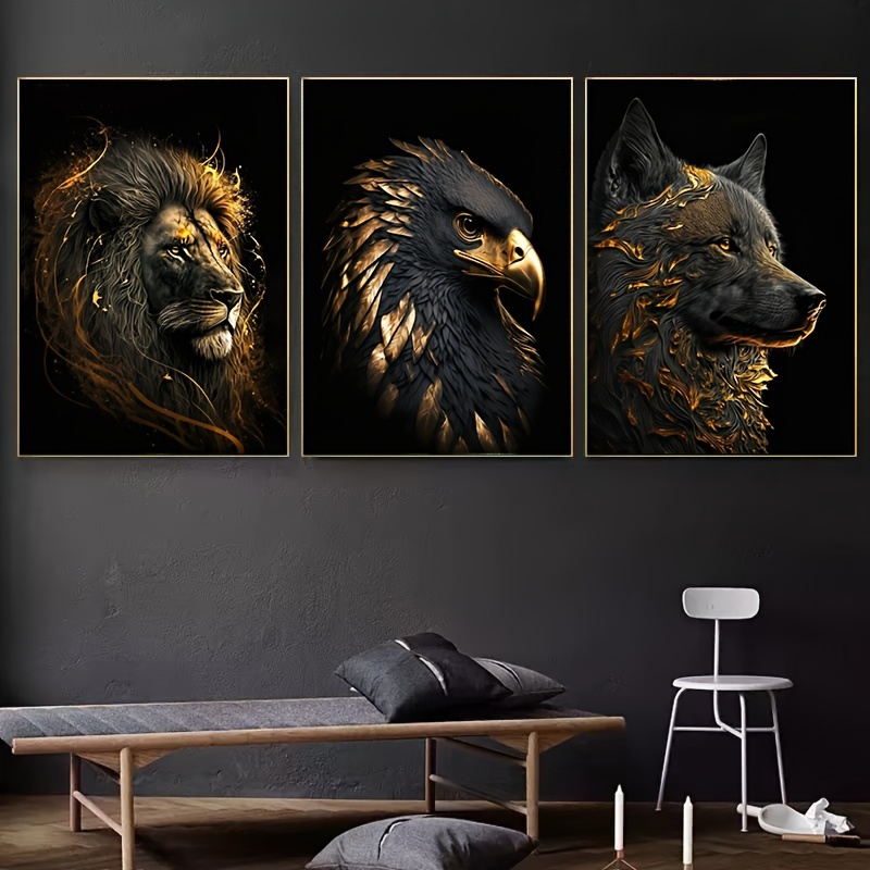 

3pcs Unframed Canvas Poster, Modern Art, Abstract The Golden Lion And Eagle Art Painting, Ideal Gift For Bedroom Living Room Corridor, Wall Art, Wall Decor, Winter Decor, Room Decoration