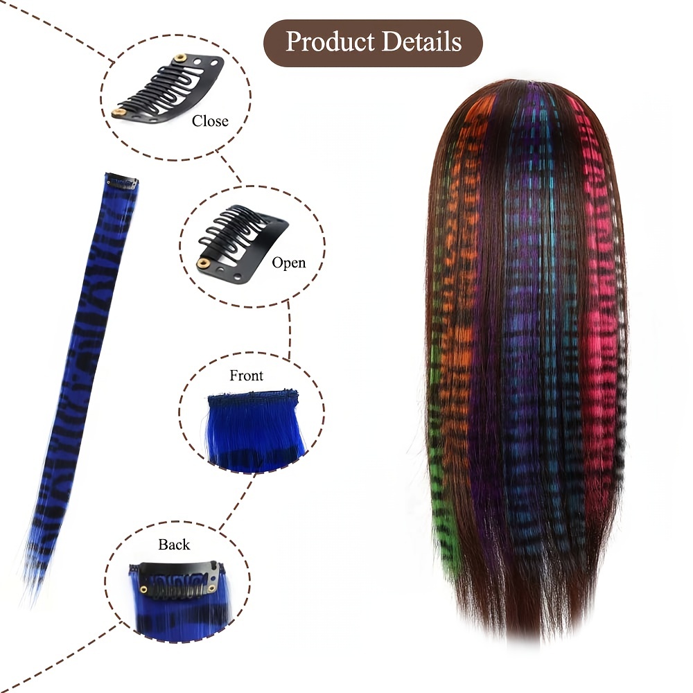 18 inch Colored Feather Print Clip on in Hair Extensions, Human Hair Extensions Synthetic Straight Hair Extensions for Halloween Cosplay Party,Temu
