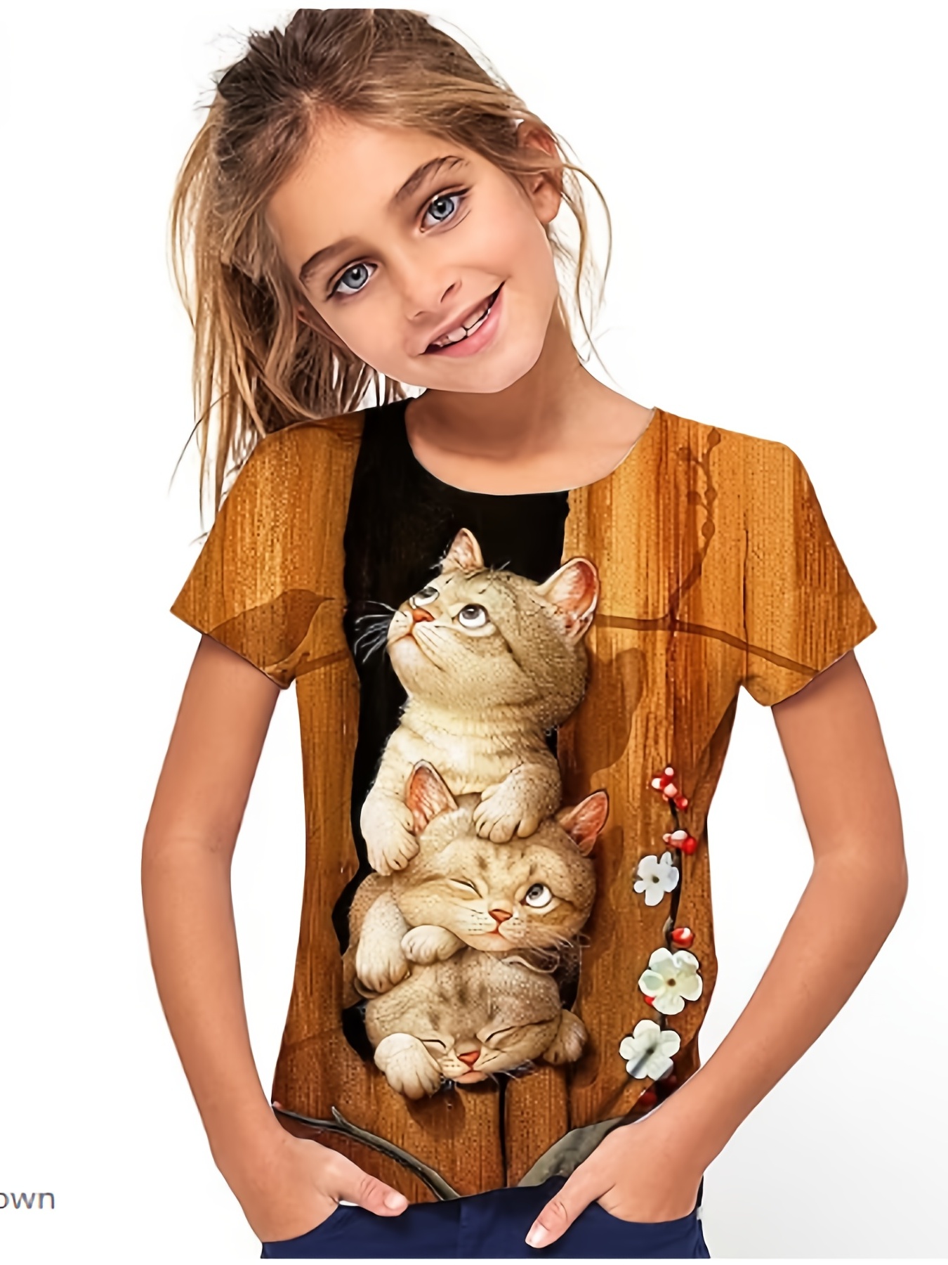 T shirt Fantaisie Manches Courtes Pour Fille 3D Chat Dans Un Arbre Creux Tee shirt Pour Adolescent Pour Un Look Unique Et l gant