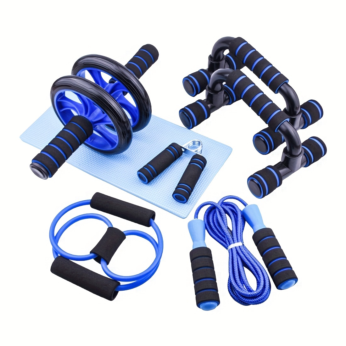 

7pcs/set Fitness Equipments Set, Push Up Bar, Ab Roller, Resistance Band With Handle, Jump Rope, Hand Gripper And Fitness Mat