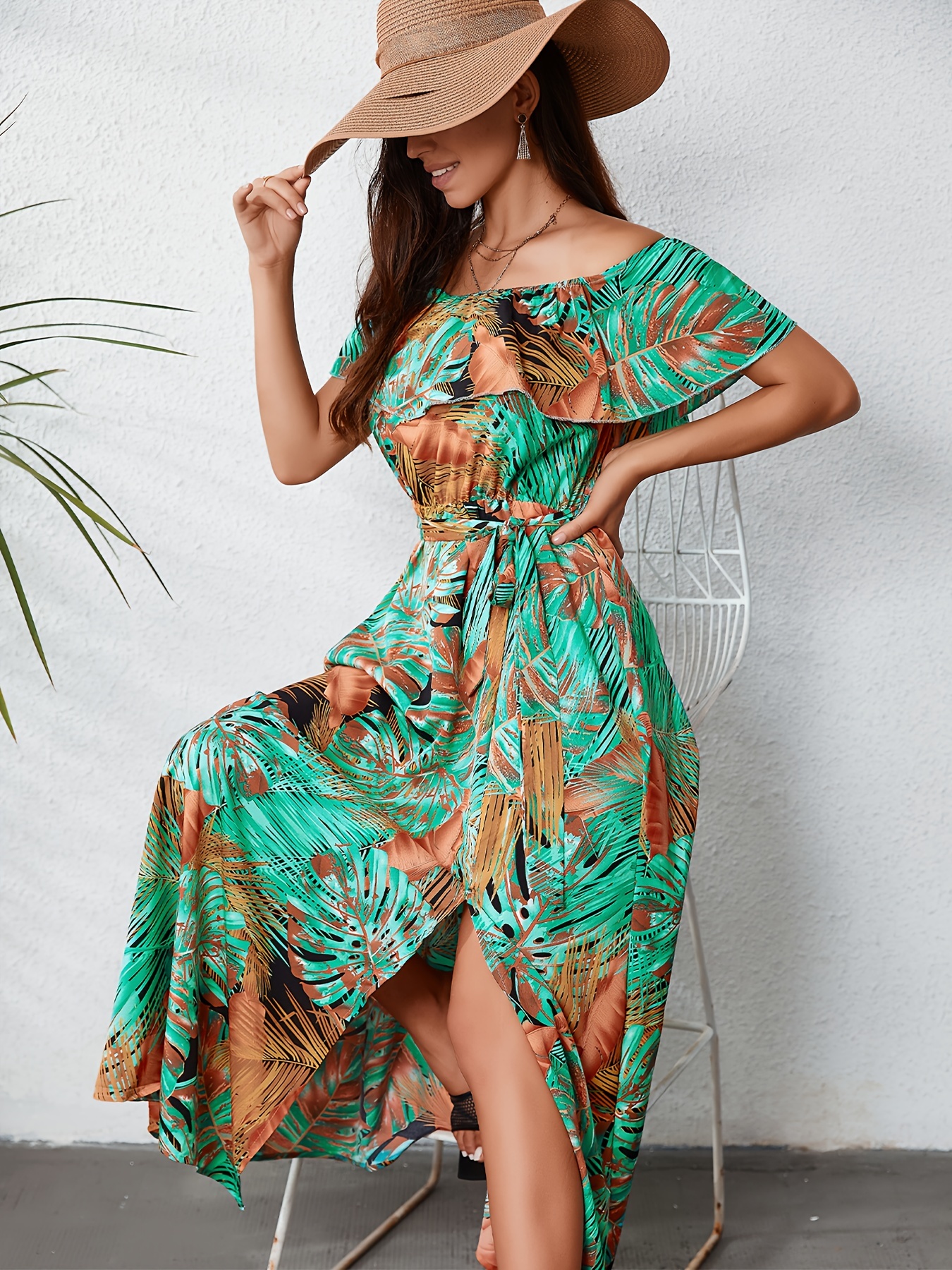 Vestidos Largos Mujer Estampado Tropical Hombros - Temu