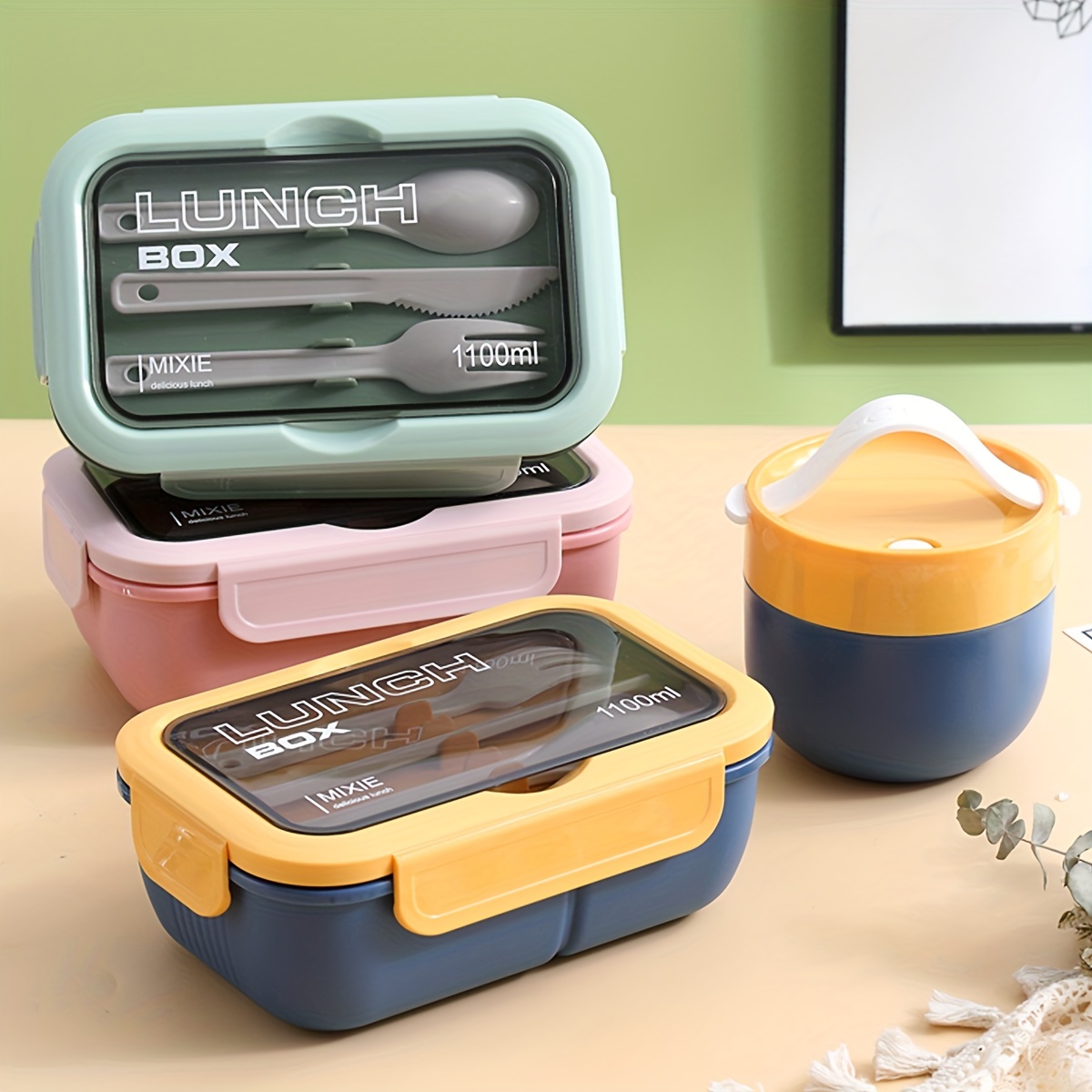 3 Grids Lunch Box with Fork Spoon Sauce Box Cutlery Holder
