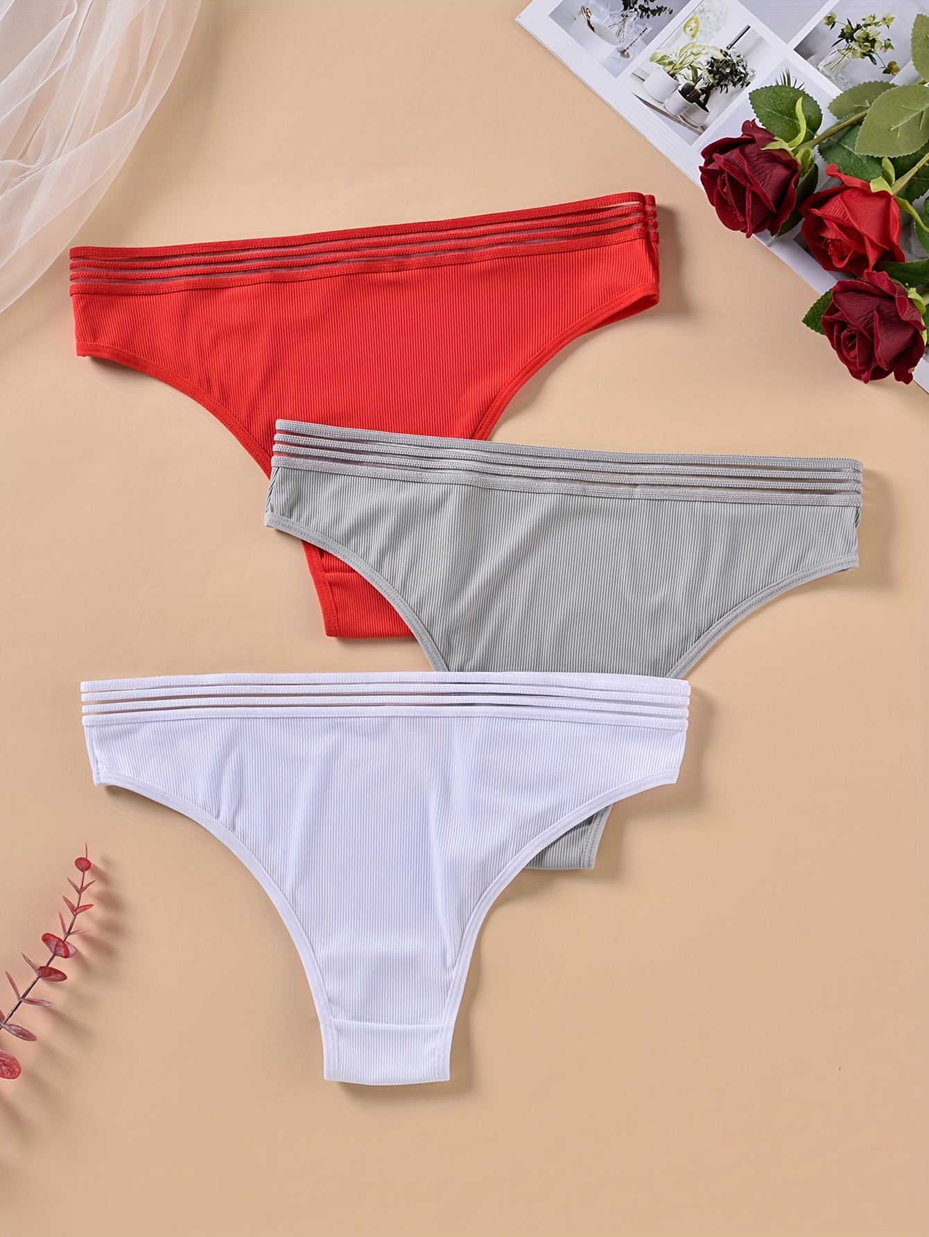 3pcs Plus Size Sexy Solid Color Women's Underwear, Women's Plus Size Stretchy  Panties