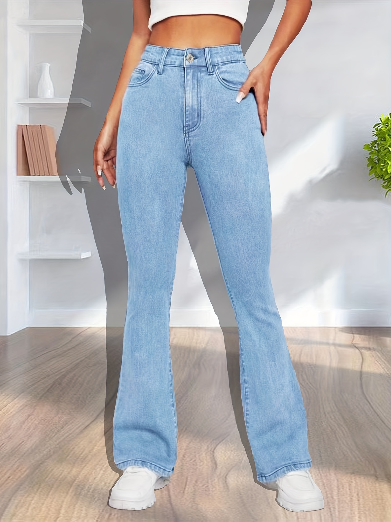Blue High Waist Flared Jeans, Bell Bottom Single-Breasted Button Slash  Pockets Denim Pants, Women's Denim Jeans & Clothing