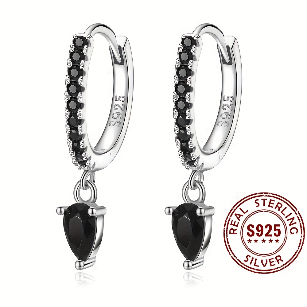 

Sterling 925 Silver Hypoallergenic Ear Jewelry Droplet Black Zircon Pendant Dangle Earrings Elegant Simple Style Daily Casual