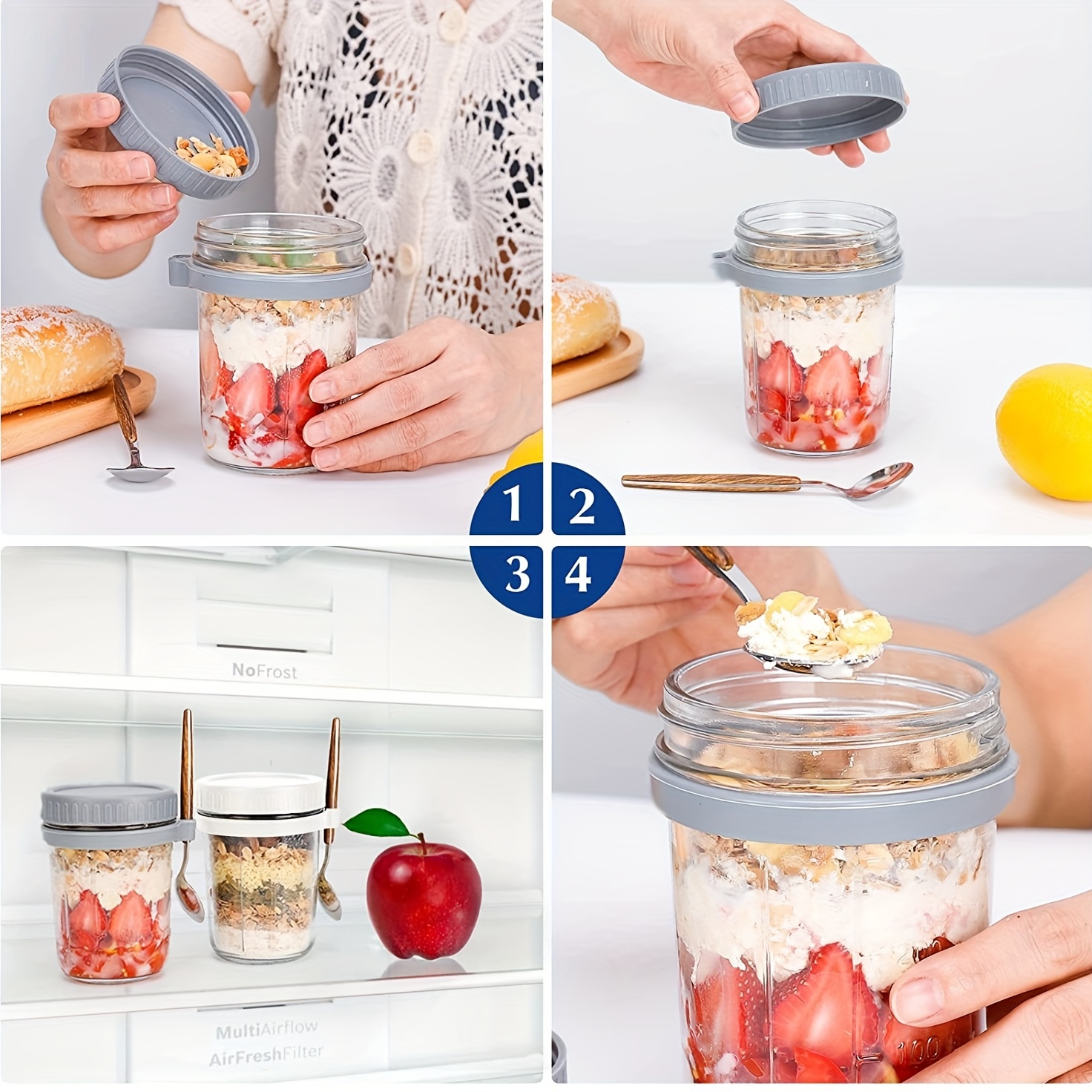 Mason Jars for Overnight Oats: 4 Pack Overnight Oats Containers with Lids  and Spoons - 16 oz