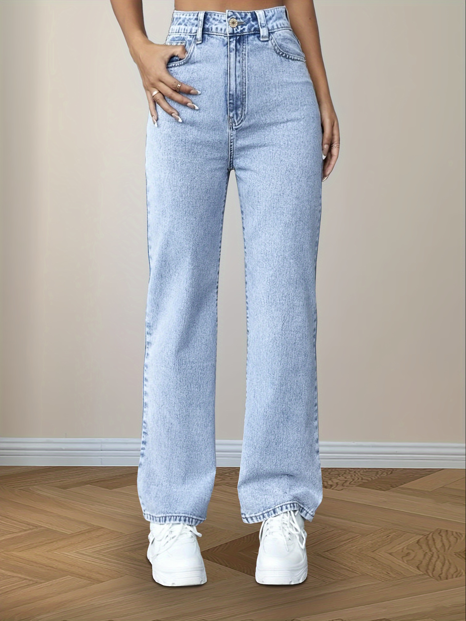 Double Button High Rise Mom Jeans, Light Washed Blue Slash Pocket Casual  Plain Straight Leg Denim Pants, Versatile Pants For Every Day, Women's  Denim