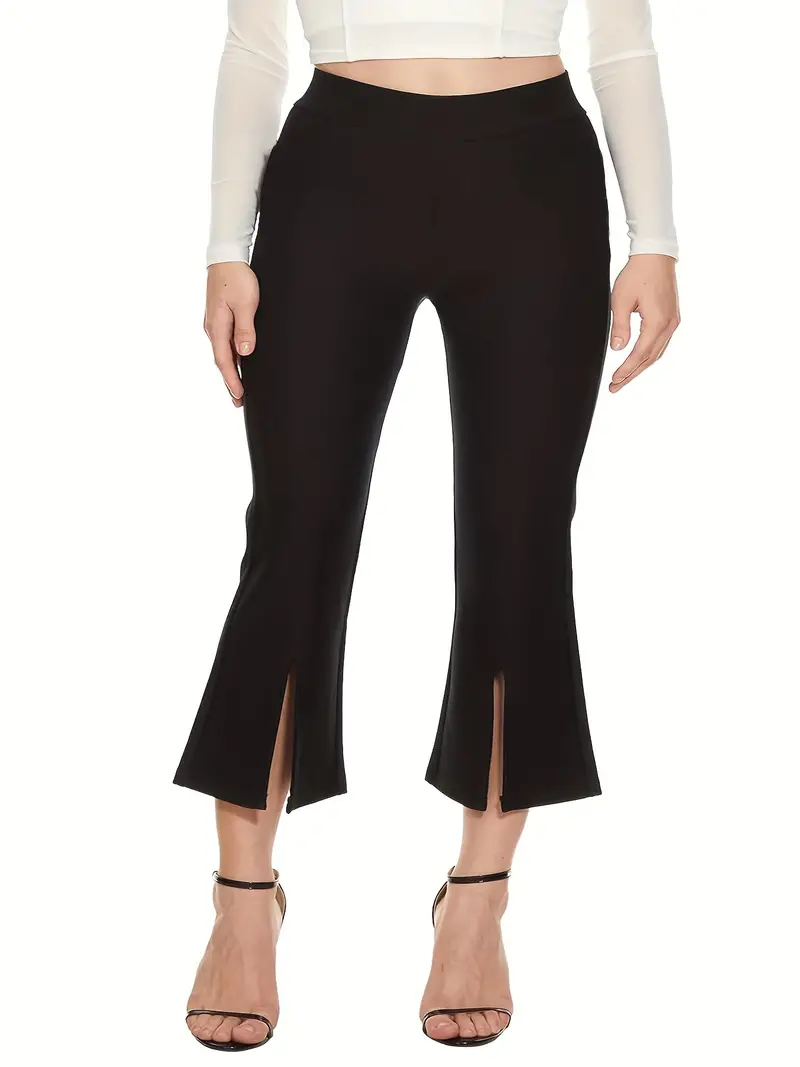 plus size casual pants womens plus solid elastic high rise slight stretch split hem crop flared leg trousers details 1