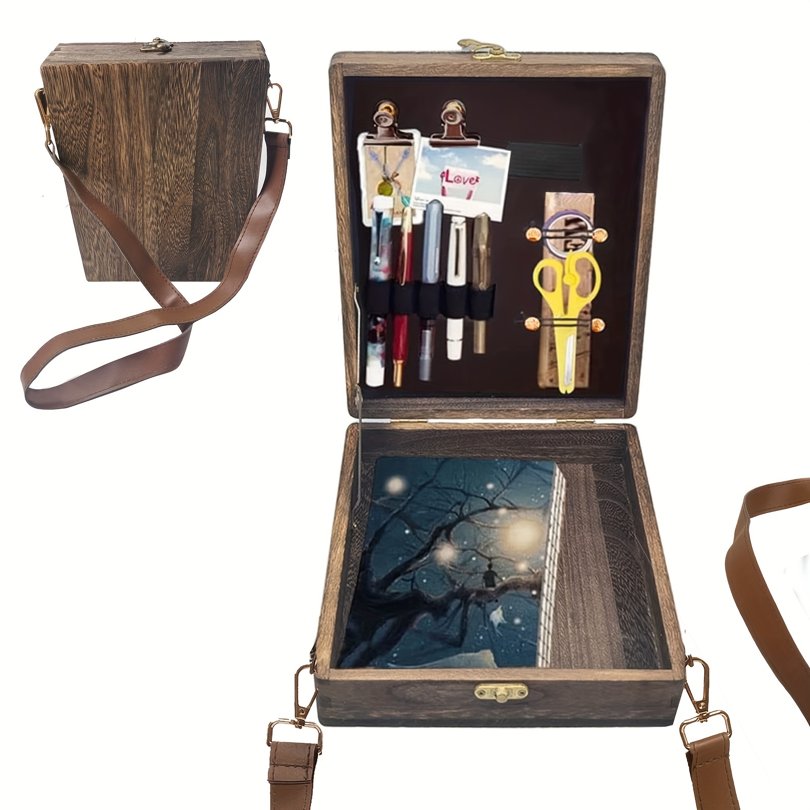  GOUXTD 2022 Writers messenger wood box multifunctional artist  tool and brush storage walnut wooden bag, storage box shoulder bag with  hinged lid and latch for sketchers and writers (A: brown) 