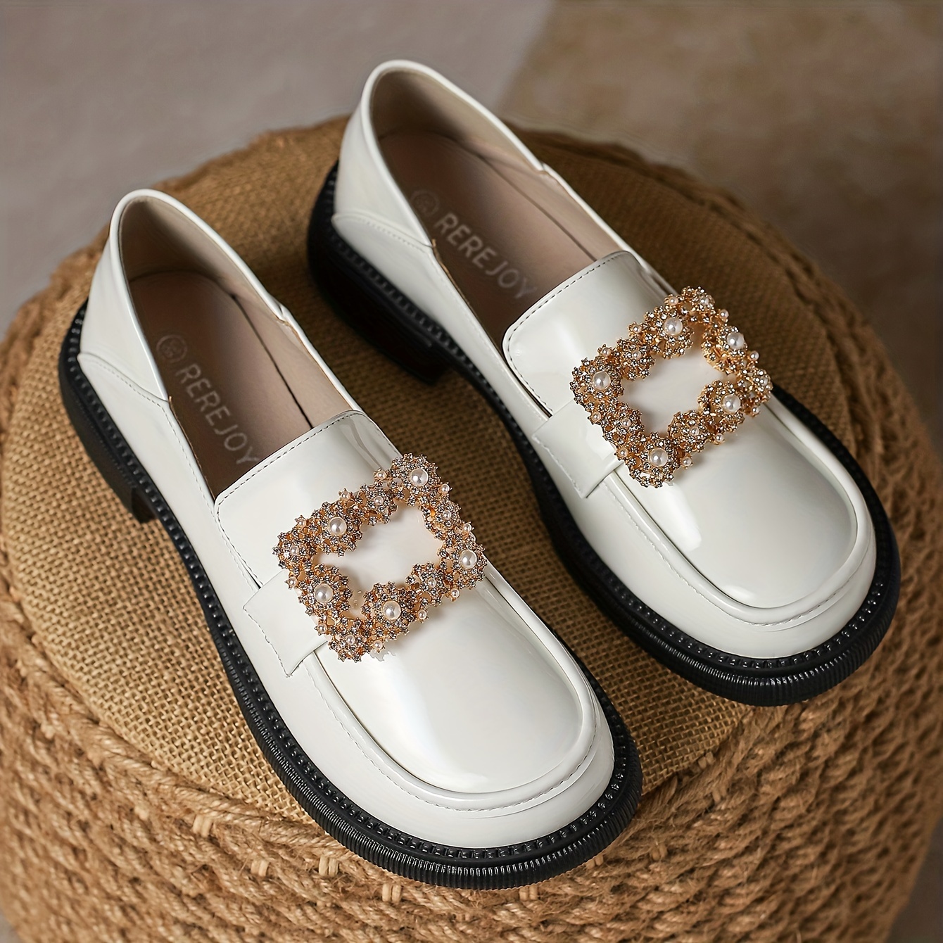 Women's Faux Pearl & Rhinestone Decor Elegant Preppy Style Chunky Heel Comfortable Leather Shoes - Temu