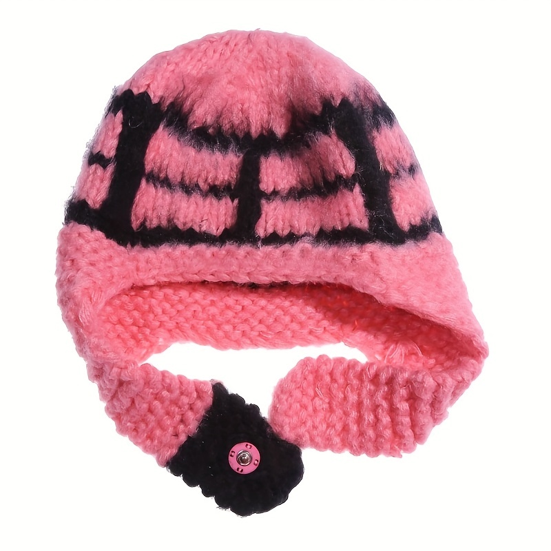 Mohair Knitted Beanies Color Block Earflap Knit Hats Unisex Winter