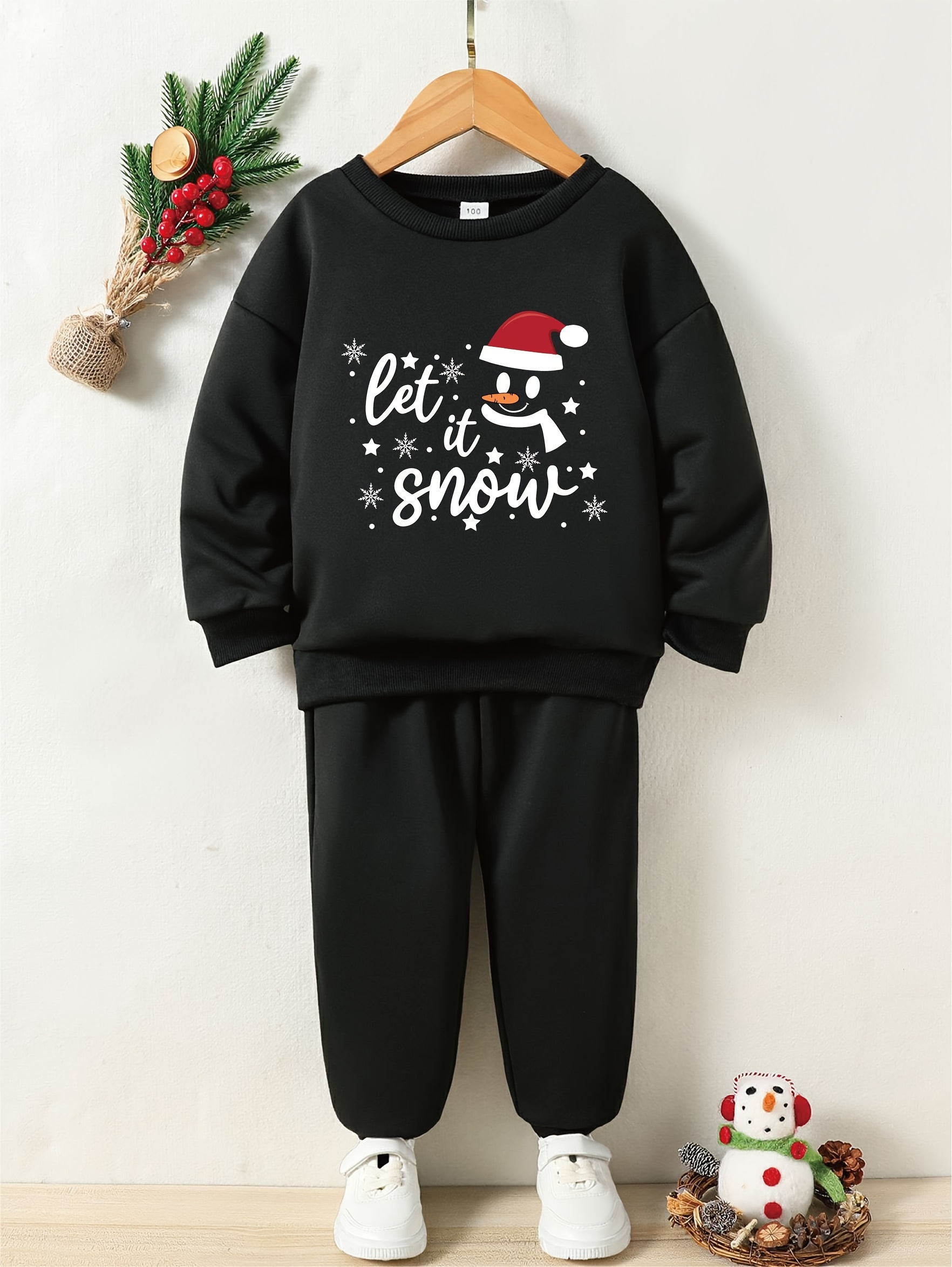 Let Snow Print Pullover + Solid Pants Girls Sets Kids - Temu