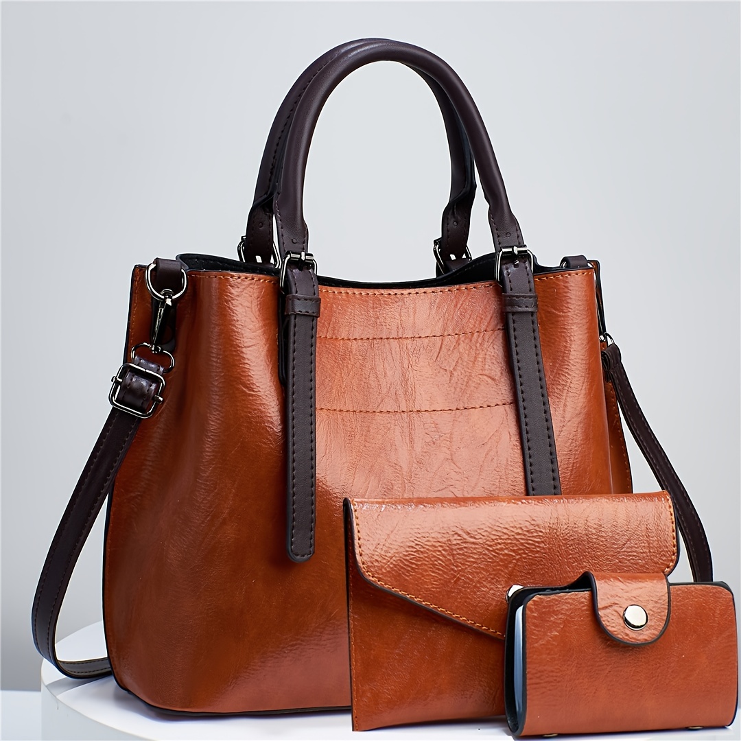 3pcs faux leather tote bag set fashion handbag with clutch purse and credit card holder womens shoulder bag details 4