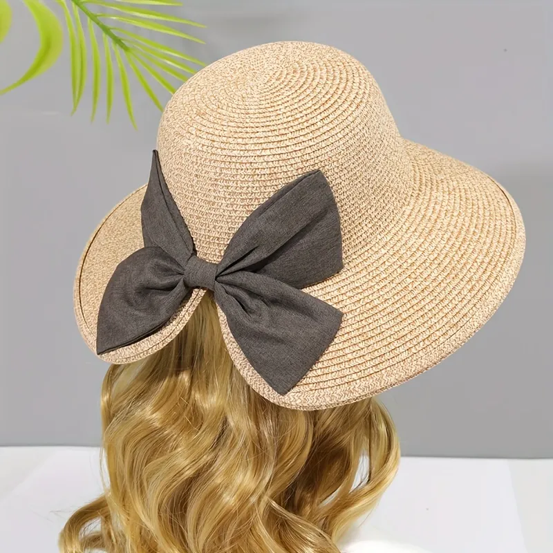 Bowknot Ponytail Elegant Sun Hat Imitation Straw Plaid Basin Hat Soft  Lightweight Breathable Bucket Hat Travel Beach Hats For Women - Jewelry &  Accessories - Temu Finland