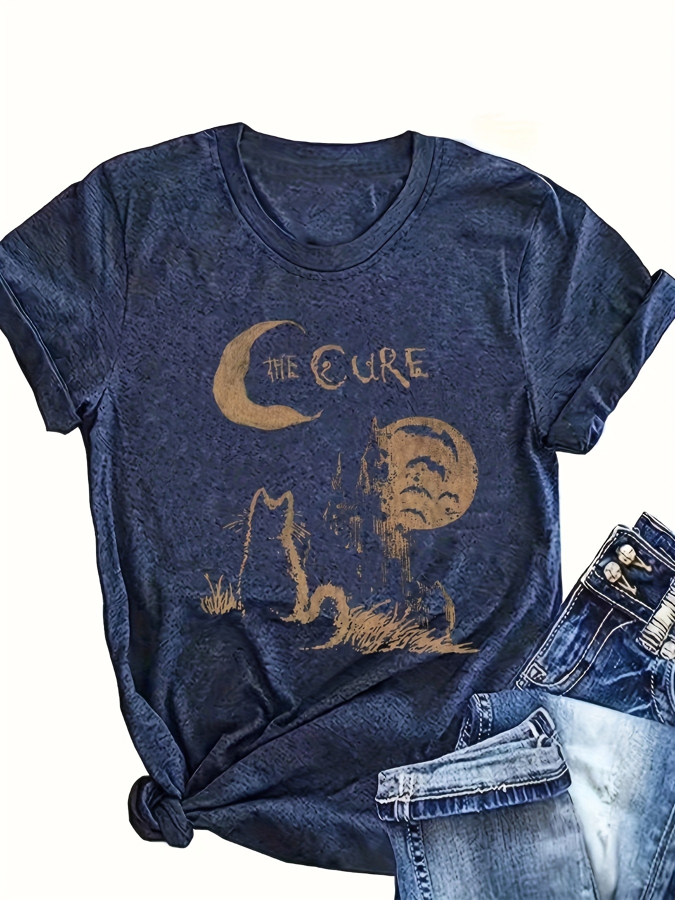 Moon &amp; Cat Print T-shirt, Casual Short Sleeve Crew Neck Top For Spring &amp; Summer, Women&#39;s Clothing