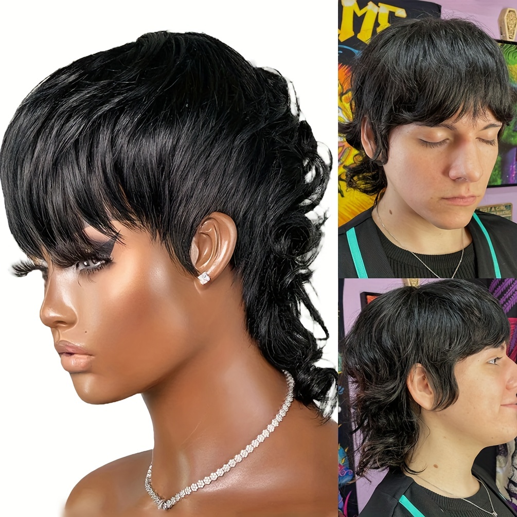 Women Mullet Wigs With Bangs Deep Curly Hair Glueless Brazilian Human Hair  Wigs