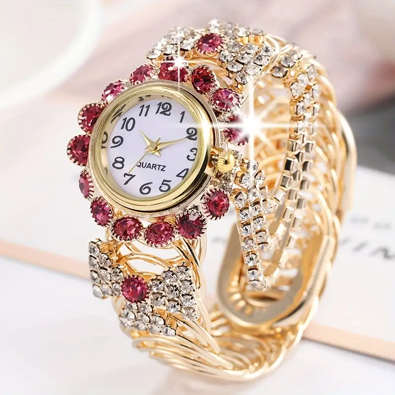 rhinestone decor quartz bracelet watch elegant round pointer analog cuff bangle watch gift for mothers day valentines day details 1