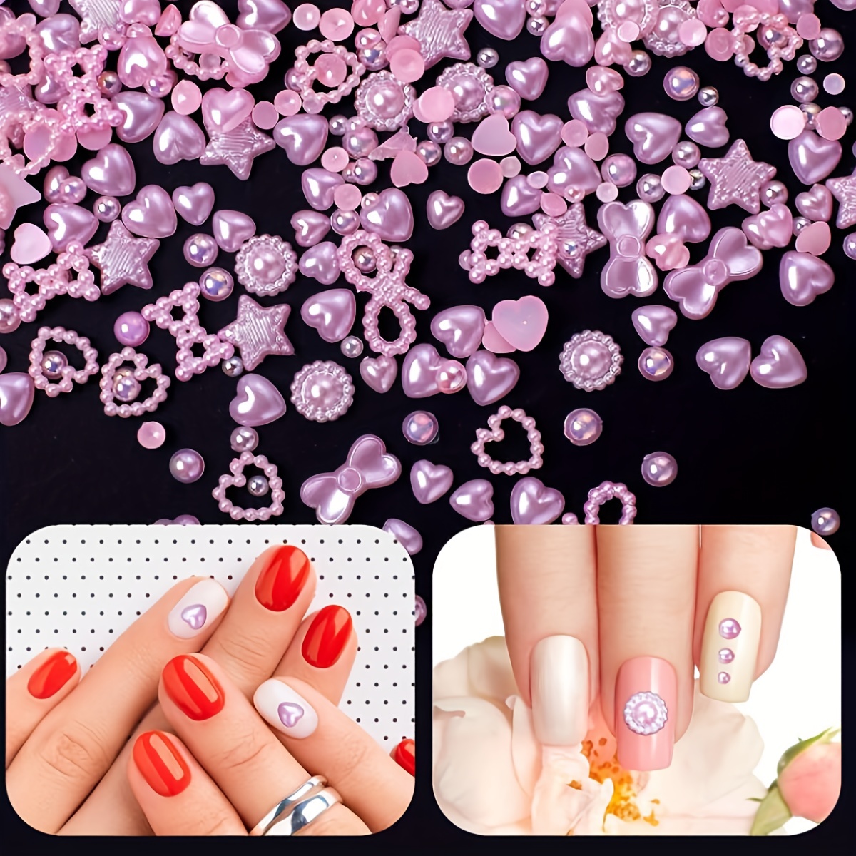 500Pcs Pink Pearls Heart Nail Charms Mixed Styles Flatback Heart Bowknots  Star Cute Assorted Pink Pearls Heart Beads 3D Nail Art Charms Material