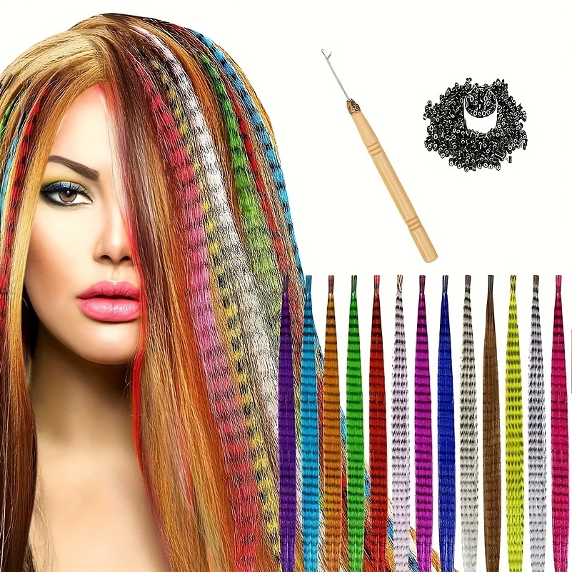 Sarla Synthetic Feather Hair Extensions Kit 16 inch 50 Pcs I-Tip Hair Feathers for Girls Women 10 Mixed Colors with Plier Hook Beads Heat Friendly