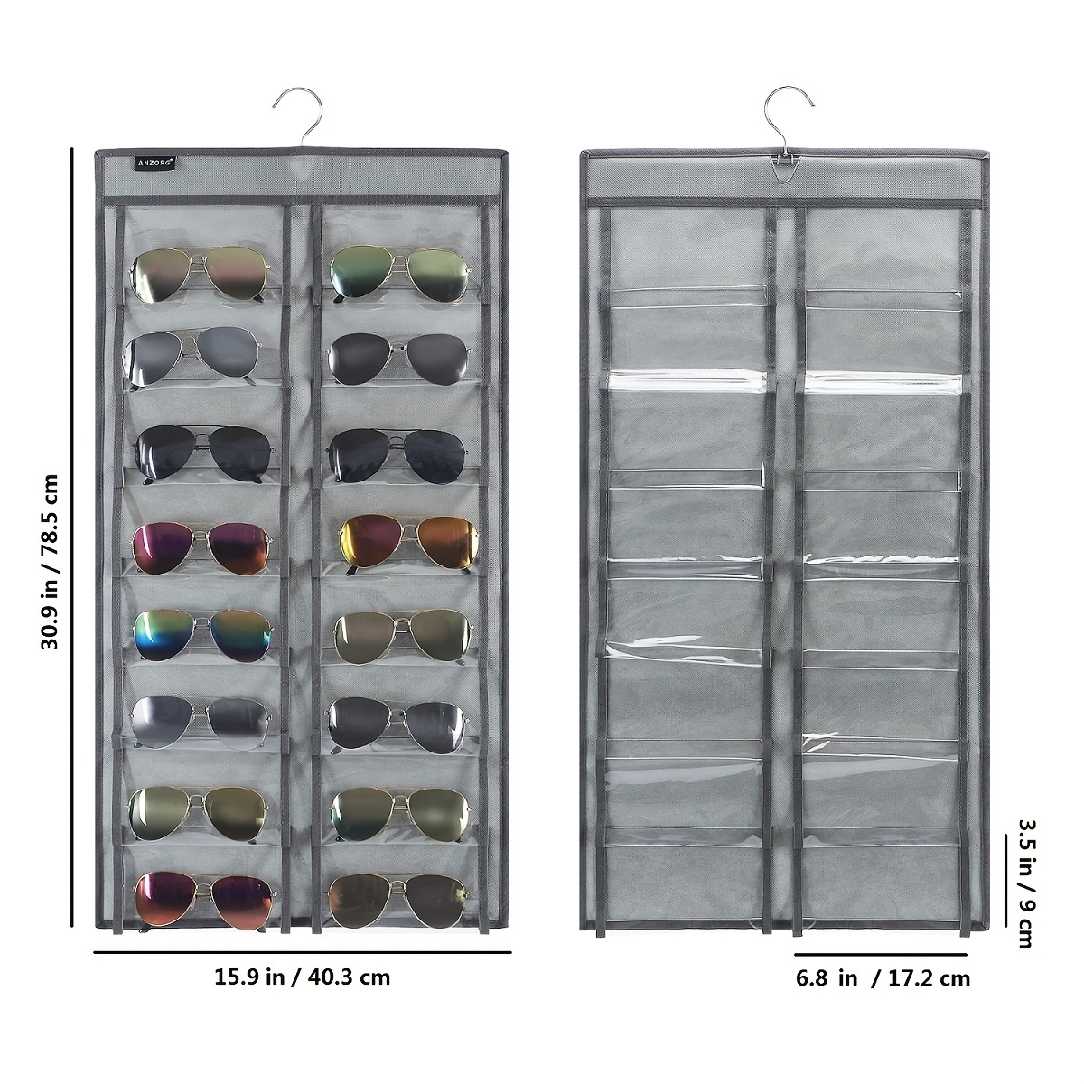 Home-X Organizador de lentes de sol para armario, organizador colgante y  soporte para lentes de sol, capacidad para 20 pares de lentes, 31 ½  pulgadas