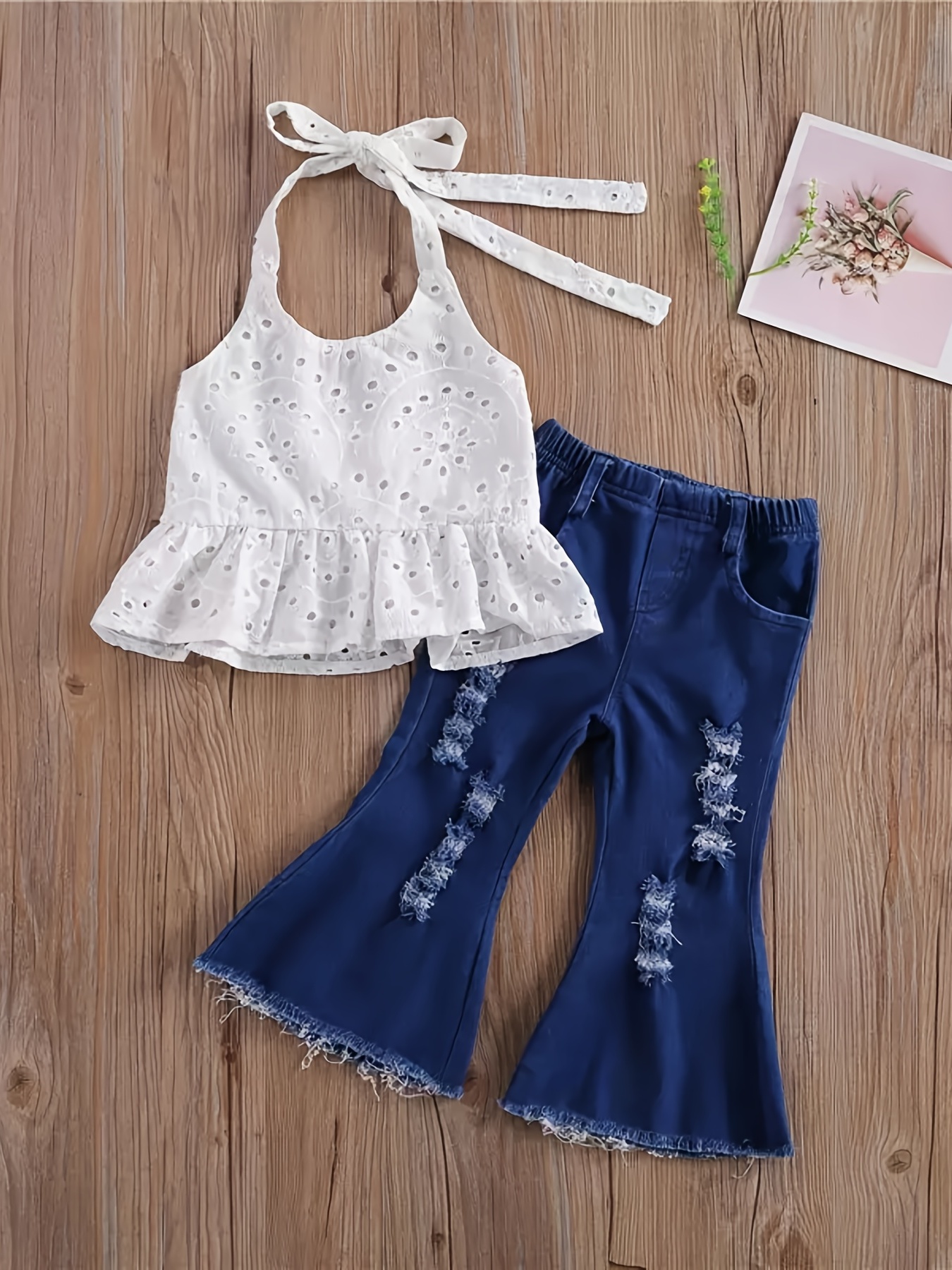 Thaisu Baby Girls Summer Clothes Set Sleeveless Ribbed Knit Cropped  Camisole+Ripped Jeans Outfits