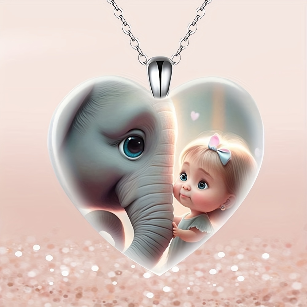 Pretty Cute Little Girl Elephant Heart Shape Pendant Necklace, Simple  Design Animal Jewelry Perfect Gift For Girls