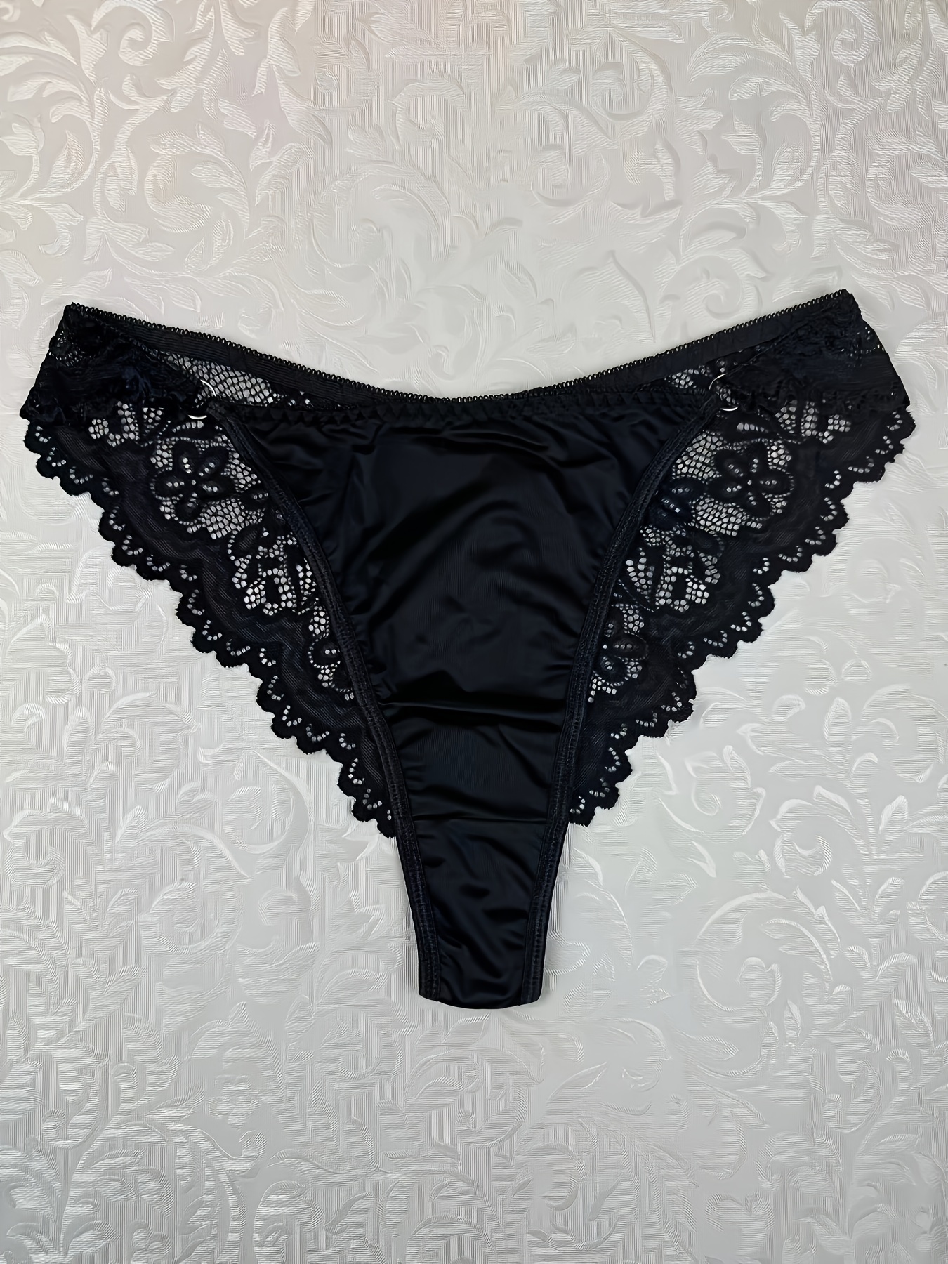 Sexy Sheer Lace Ruffle Beaded Low Rise G-String Thong for Women Black