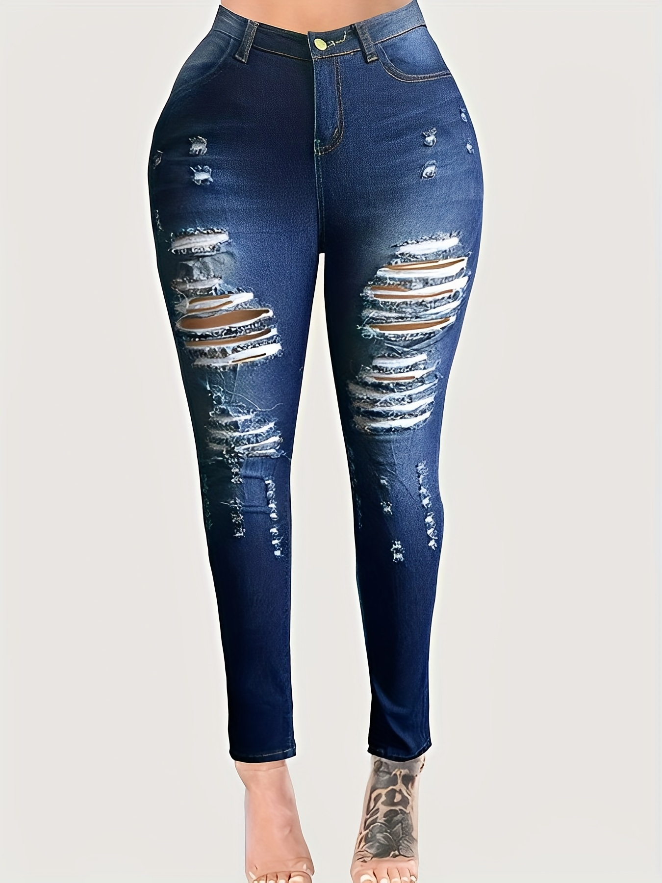 Calças jeans skinny de cintura alta rasgadas elásticas e - Temu