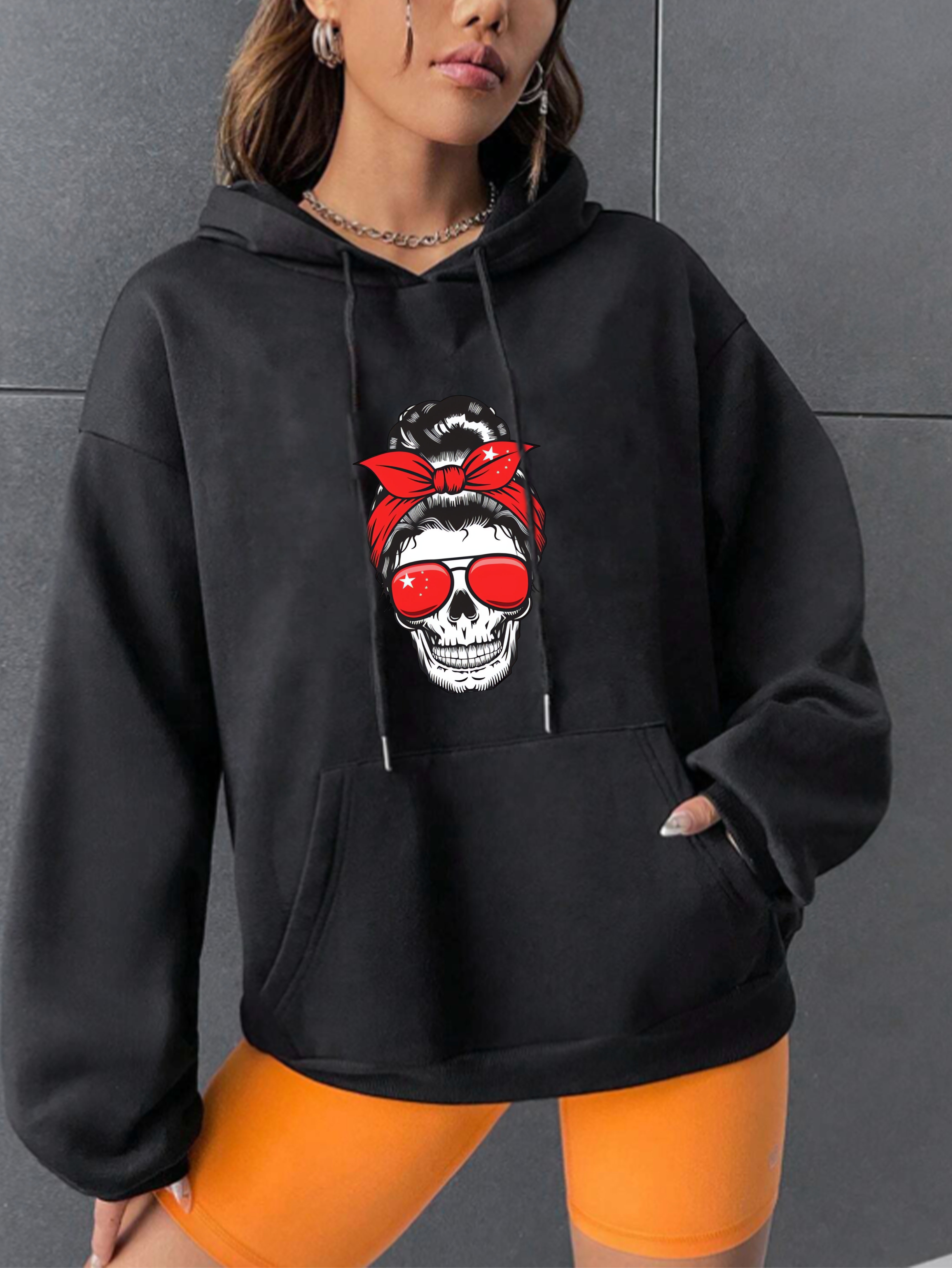 Skull Print Hoodie Casual Pocket Long Sleeve Drawstring - Temu New Zealand