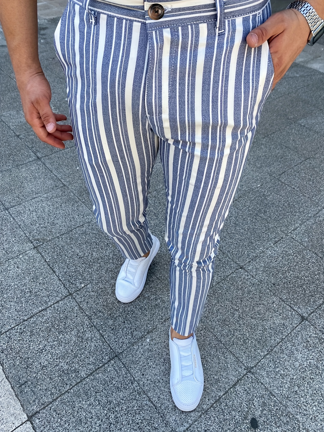Men's Striped Stretch Casual Pants - Temu