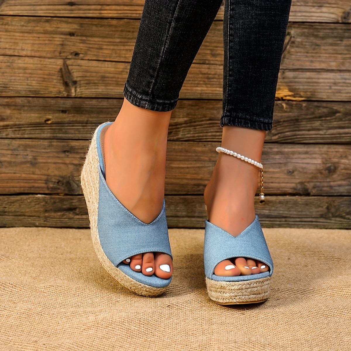 Women's Espadrille Wedge Sandals, Denim Open Toe Elastic Strap Slip On  Shoes, Summer Slingback Platform Sandals