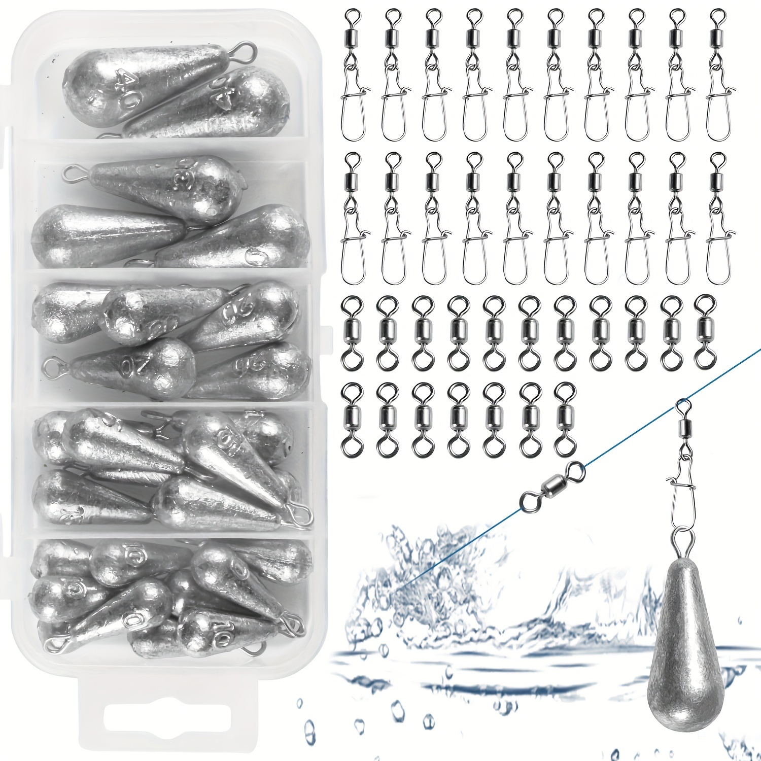 

66pcs Mixed Size Lead Sinkers & Rolling Snap Swivels - Fishing Accessories