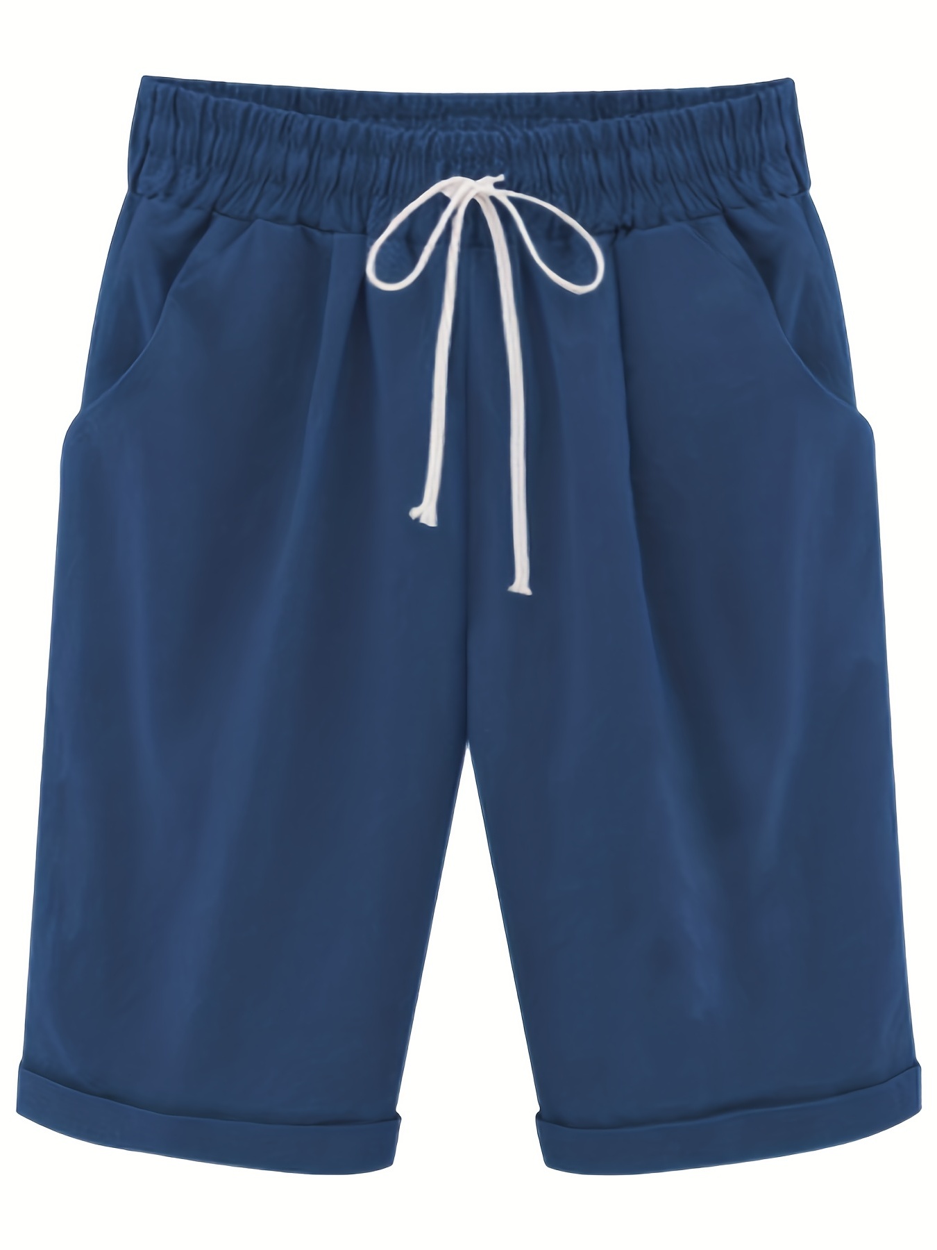 Temu Solid Color Drawstring Bermuda Shorts, Women's Casual Spring Summer Women's Clothing Bermuda Shorts, Summer Cotton Linen Knee Length Shorts, Casual