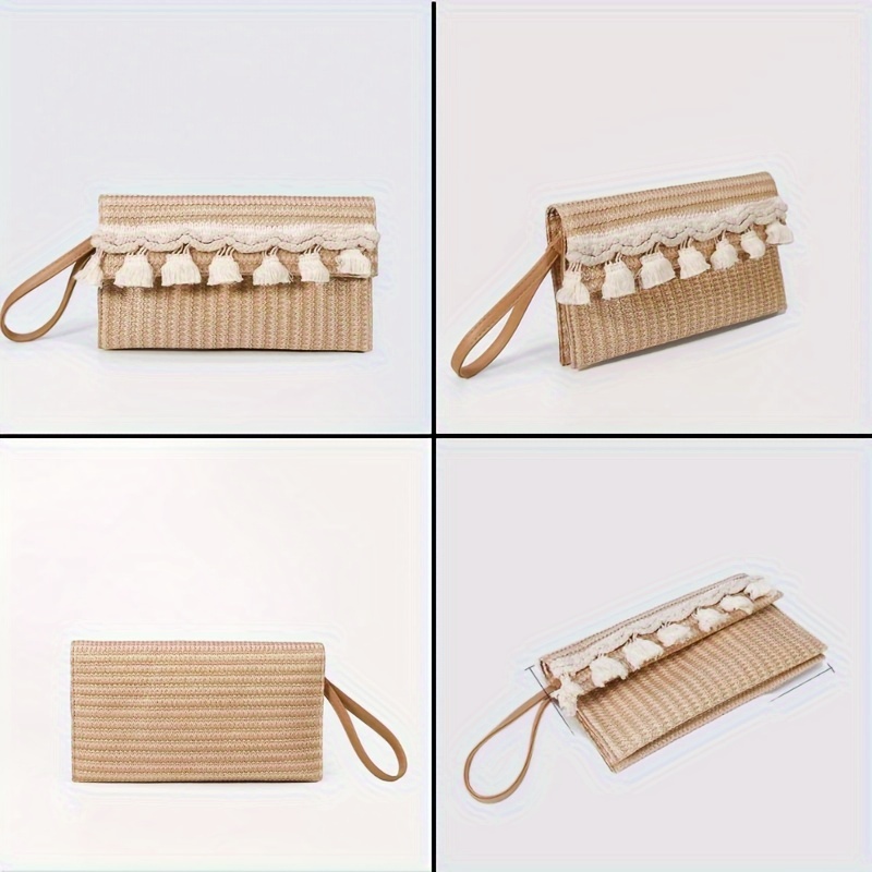 Fringe Woven Straw Clutch Bag Flap Magnet Versatile Handbag - Temu