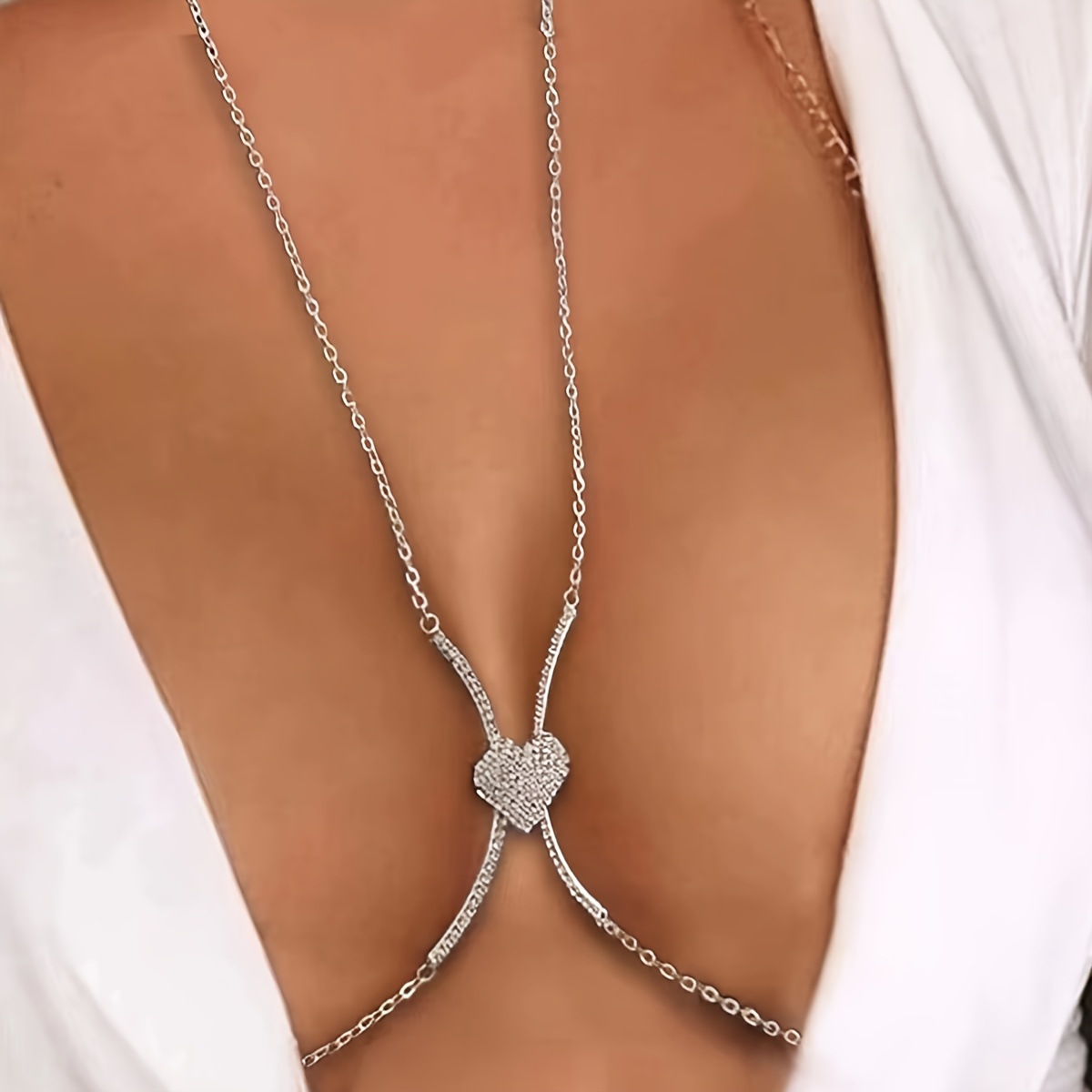 Bling Rhinestone Love Heart Chest Chain Harness Bra Necklace