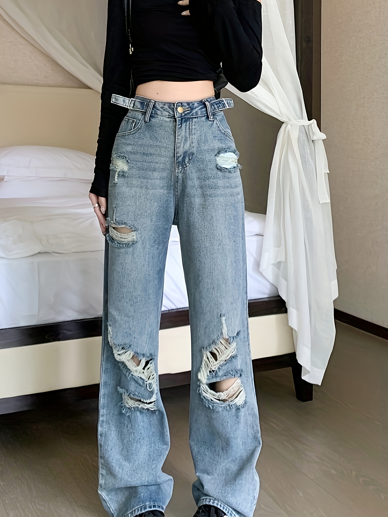 Ripped Holes Chic Baggy Jeans, Adjustable Waist Loose Fit Wide Legs Jeans,  Women's Denim Jeans & Clothing