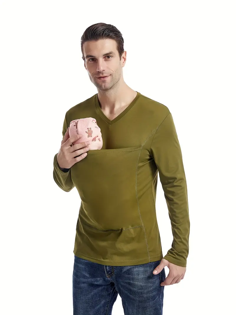 Men's Casual V Neck Long Sleeve T shirt Big Chest Pocket Dad