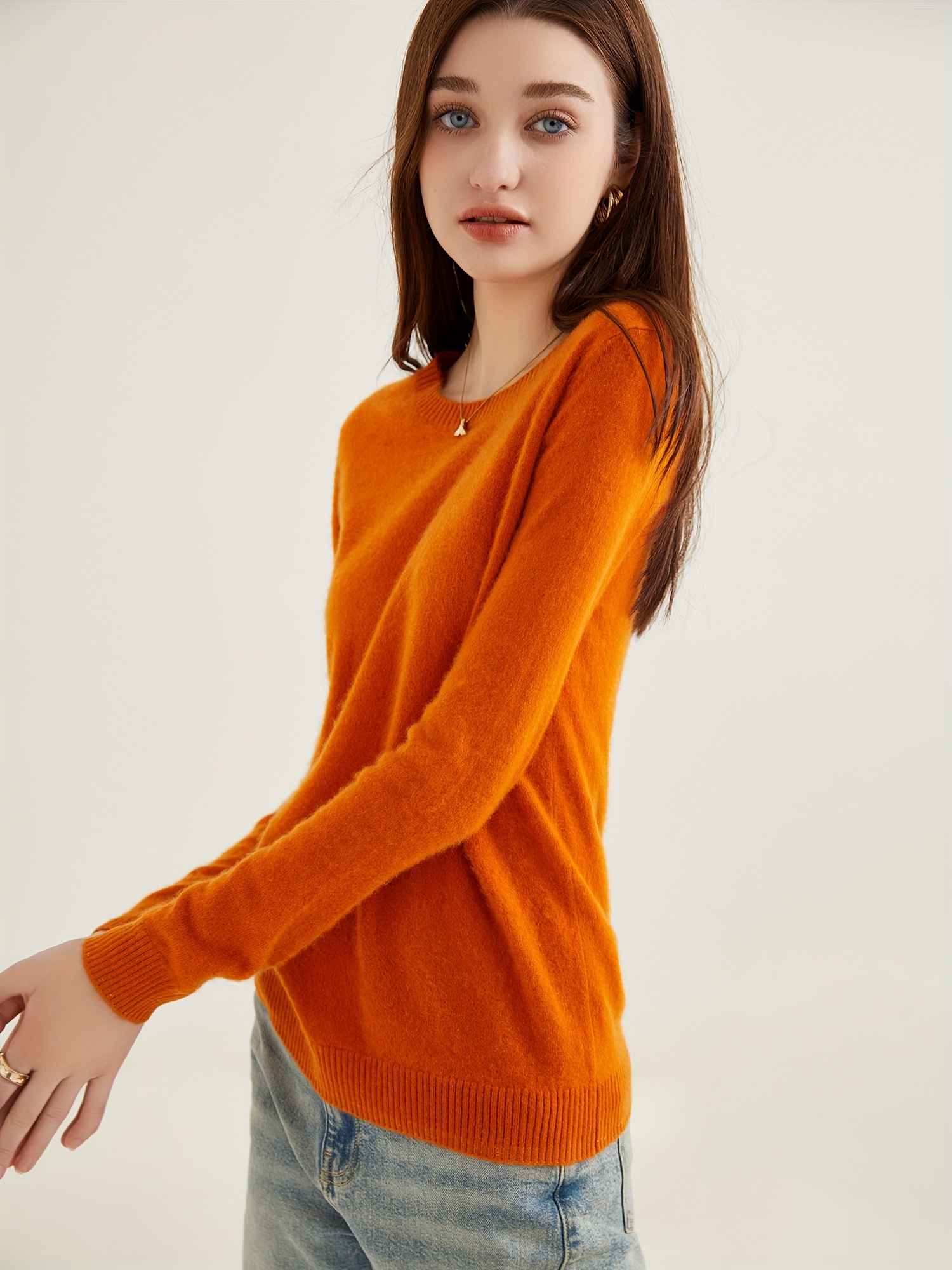 100 cashmere sweater casual long sleeve crew neck sweater womens clothing orange red 2