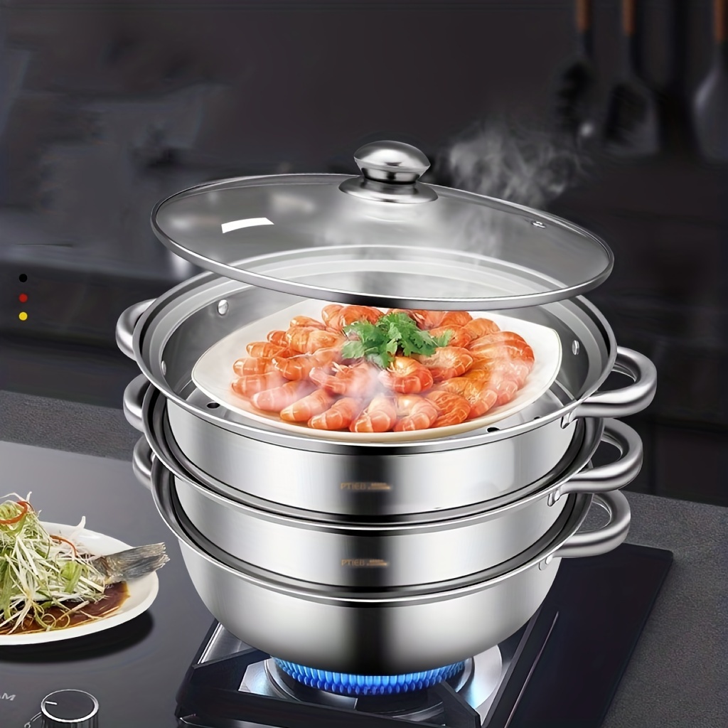 Olla de vapor de acero inoxidable de 2 niveles – 11.0 in olla de vapor con  tapa de vidrio para alimentos vegetales olla olla de cocina olla de cocción