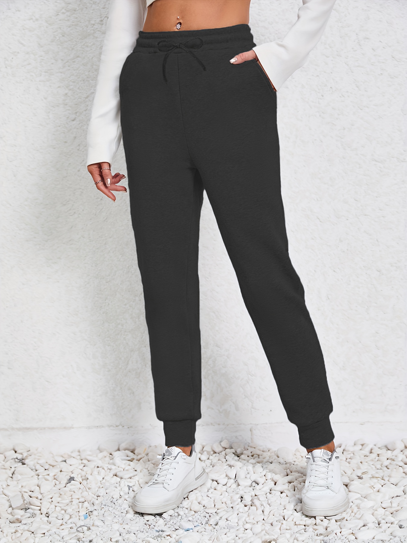 Plus Size Sports Pants Women's Plus Plain Black High Waisted - Temu