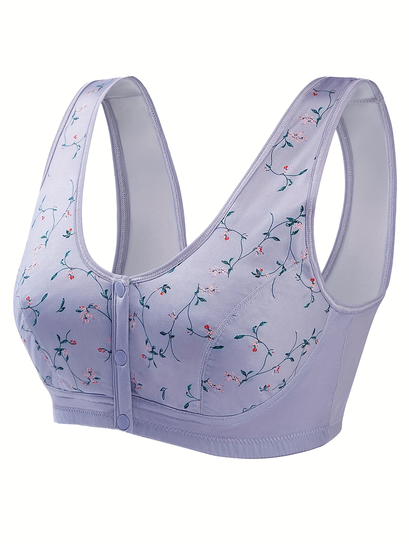Front Snaps Cotton Bra for Seniors Comfortable with Daisy Print Bra  Wire-Free Front Button Closure Bras for Older Women