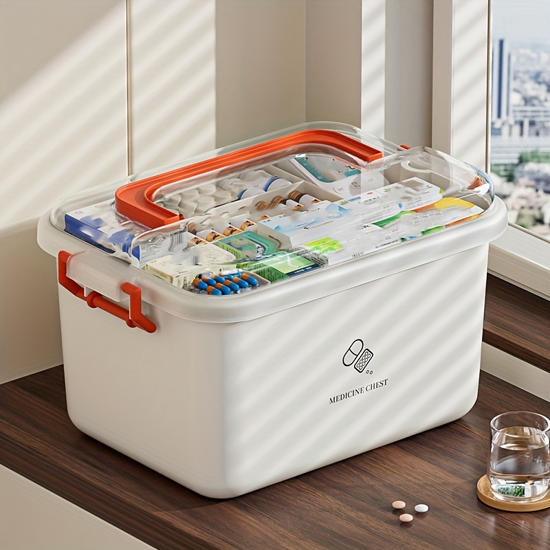 First Aid Box, Medicine Container Box Portable Medicine Box Double Layers  Medical Box Family Medicine Lock Box with Handle for Home Car Travel(M#Grey)