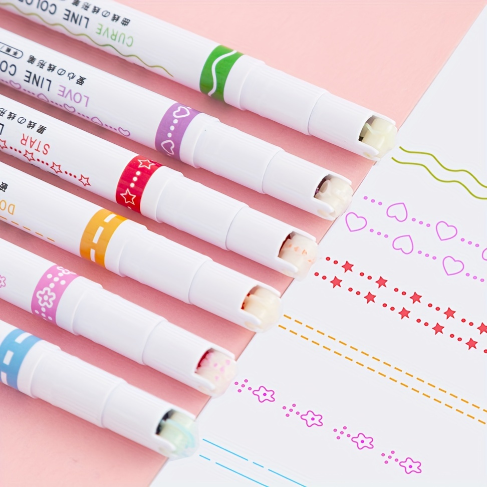 3/6pcs Kids Writing Curve Line Pen Stationery School Supplies Journaling  Colored Pens Note Curve Line Marker Curve Line Highlighter Pen Fine Point  Pen